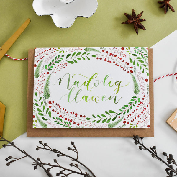 Festive Botanical Recycled Welsh Christmas Card from Eleri Haf Designs for sale at Mostyn