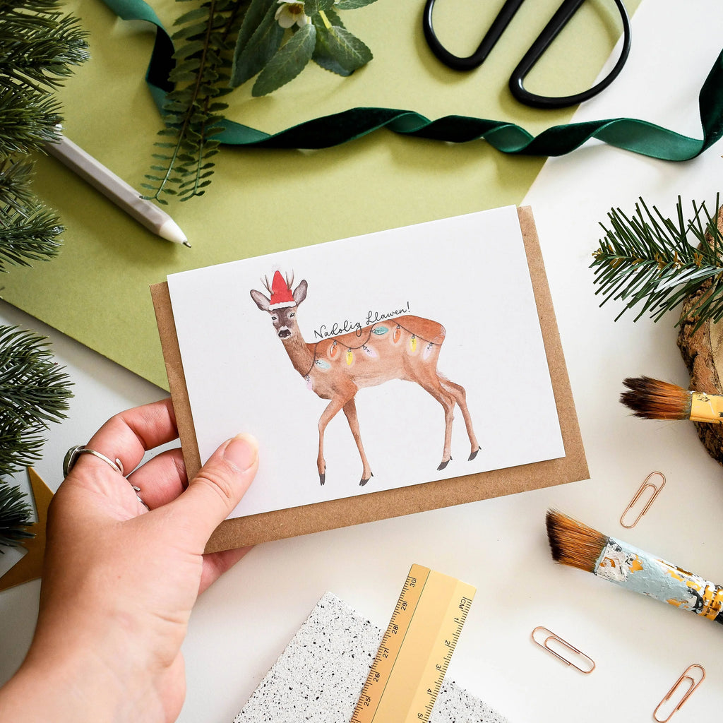 Festive Deer Welsh Christmas Card from Eleri Haf Designs for sale at Mostyn