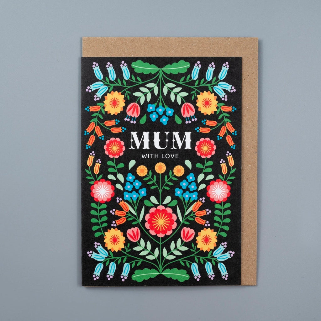 Floral Folk Black Background Mother's Day Card from Maggie Magoo Designs for sale at Mostyn