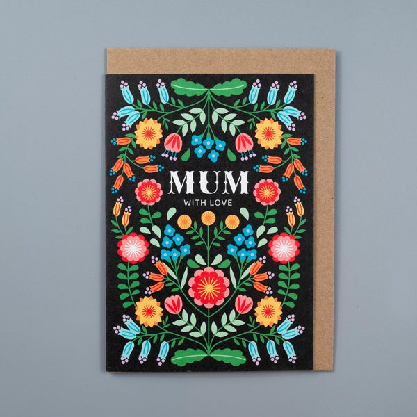 Floral Folk Black Background Mother's Day Card from Maggie Magoo Designs for sale at Mostyn