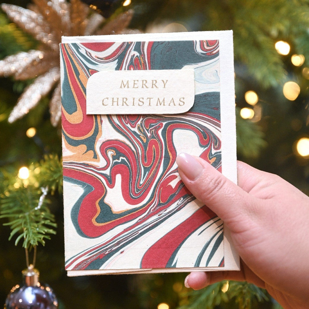 Free Spirit Festive Mix Hand Marbled Christmas Card from Paper Mirchi for sale at Mostyn