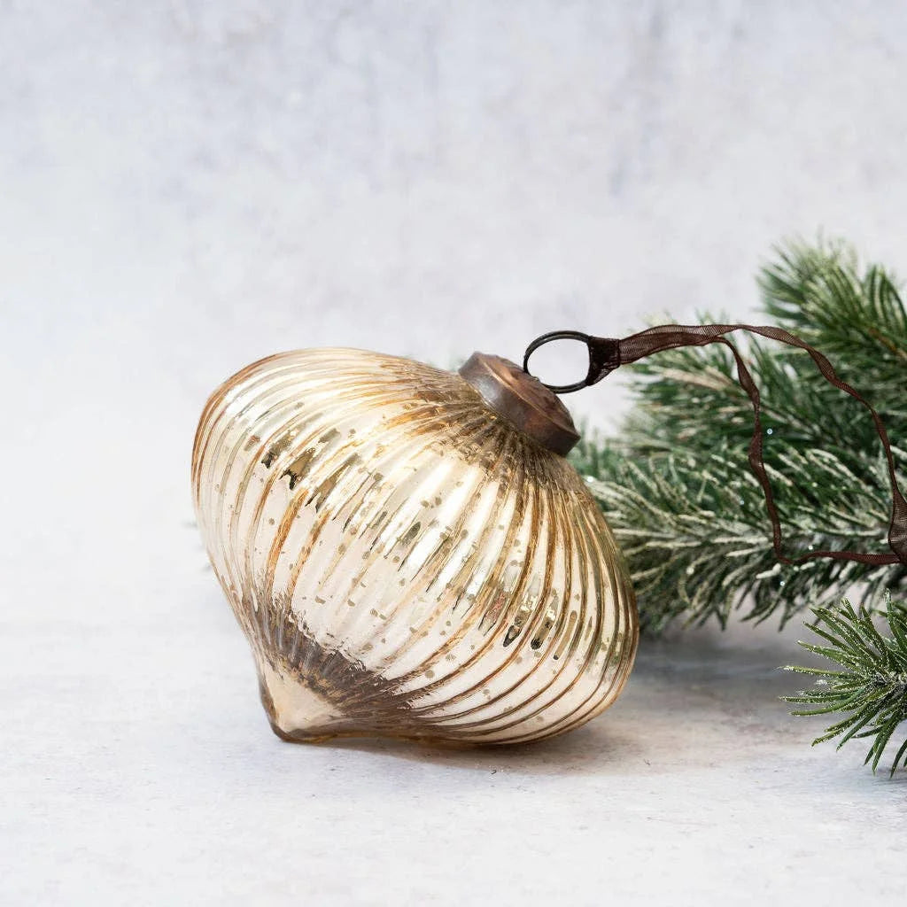 Gold Ribbed Lantern Hand Blown Glass Christmas Bauble from Bollywood Christmas