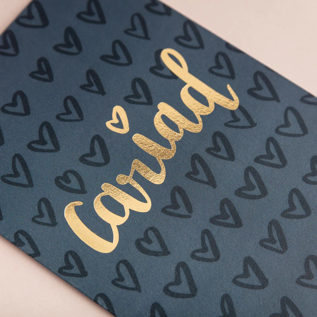 Gold Foil Love Cariad Welsh Valentine's Card from Draenog for sale at Mostyn 2