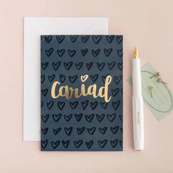 Gold Foil Love Cariad Welsh Valentine's Card from Draenog for sale at Mostyn