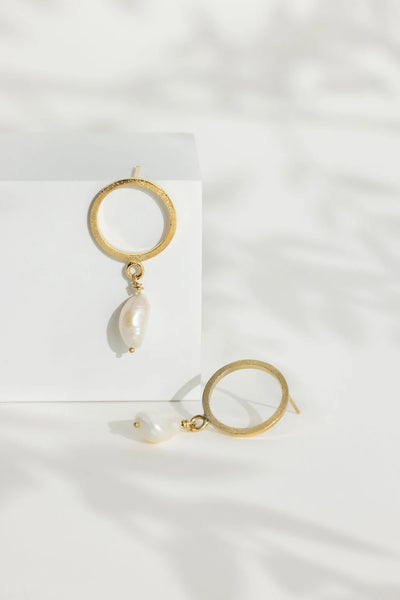 Gold Vermeil on Sterling Silver Sparkle Effect Circle Studs with Drop Pearls from Rebecca Oldfield for sale at Mostyn