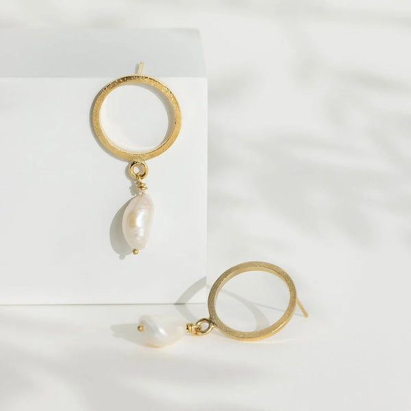 Gold Vermeil on Sterling Silver Sparkle Effect Circle Studs with Drop Pearls from Rebecca Oldfield for sale at Mostyn