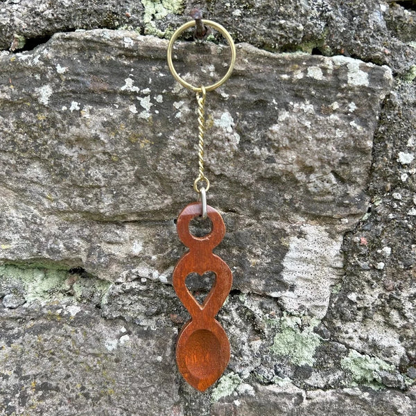 Golden Hand-carved Wooden Welsh Love Spoon Keyring from The Welsh Gift Shop for sale at Mostyn