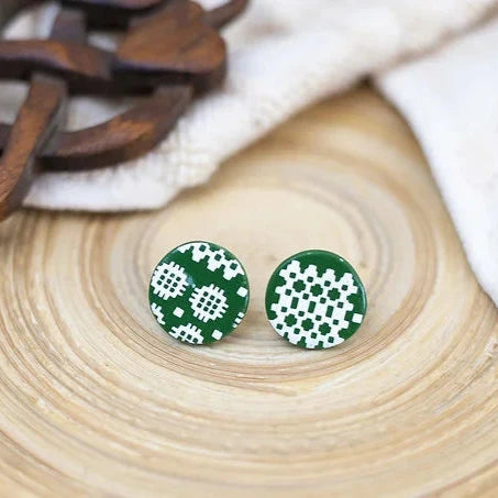 Green Carthen Tapestry Welsh Blanket Polymer Clay Stud Earrings from Carla's Cwtch for sale at Mostyn