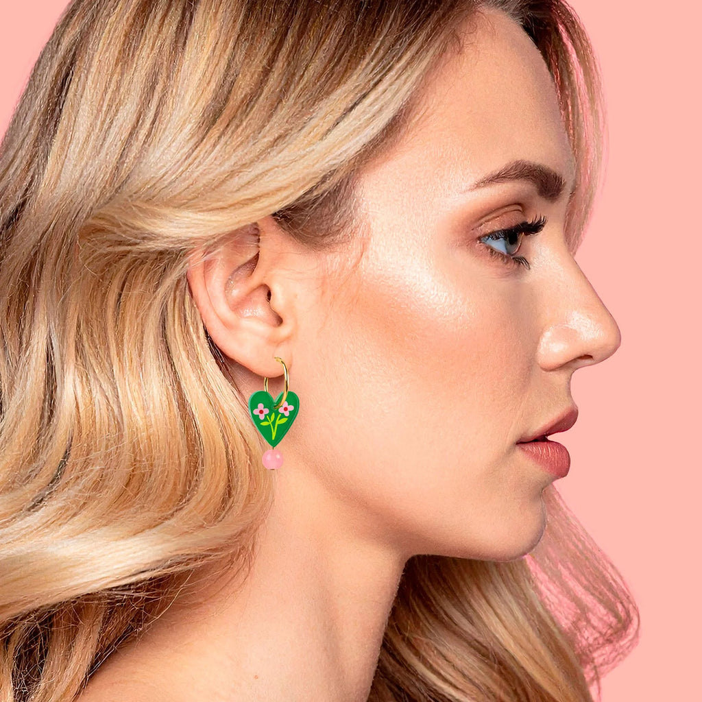Green Floral Heart Charm Hoop Earrings by Natalie Lea Owen for sale at Mostyn