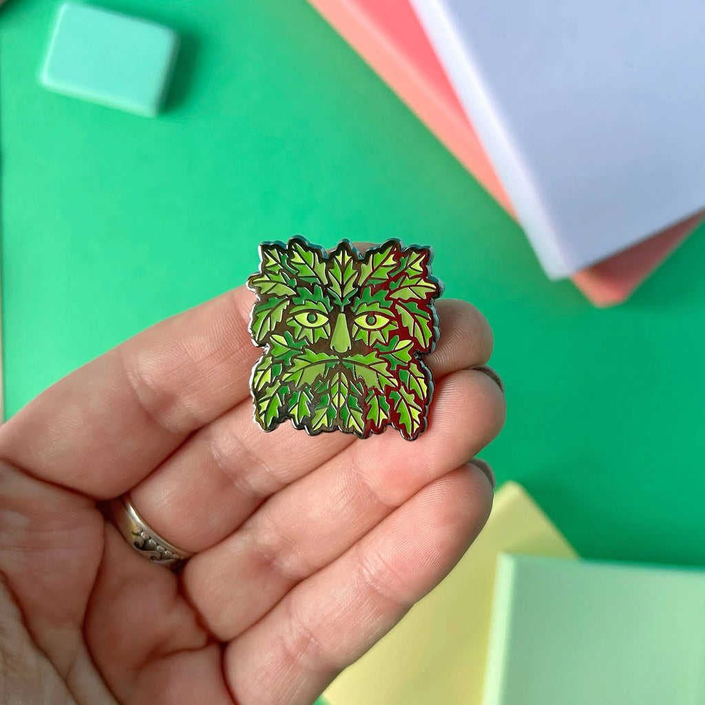 A Green Man Enamel Pin Brooch by Stacey McEvoy Caunt for sale at Mostyn 