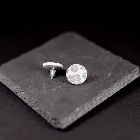 Grey Carthen Tapestry Welsh Blanket Polymer Clay Stud Earrings from Carla's Cwtch for sale at Mostyn