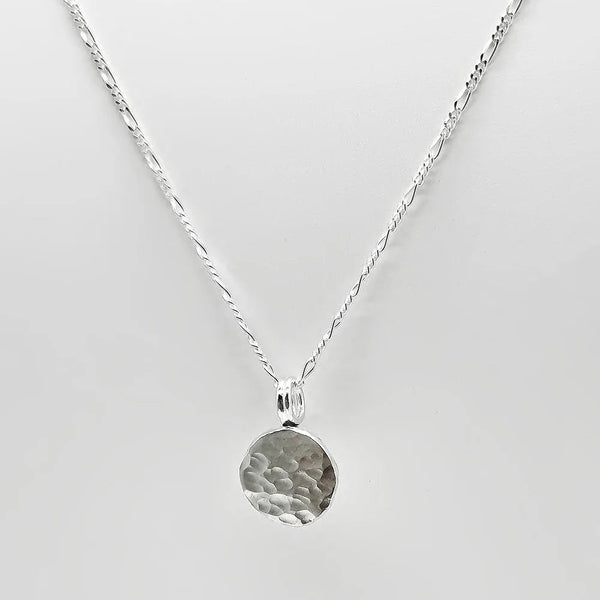 Hammered Sterling Silver Blobby Pendant Necklace on 18" Figaro Chain from Rebecca Oldfield for sale at Mostyn