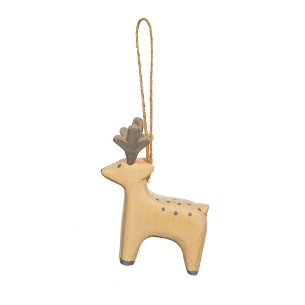 Hand-carved Wooden Reindeer Hanging Christmas Ornament from Sass and Belle for sale at Mostyn