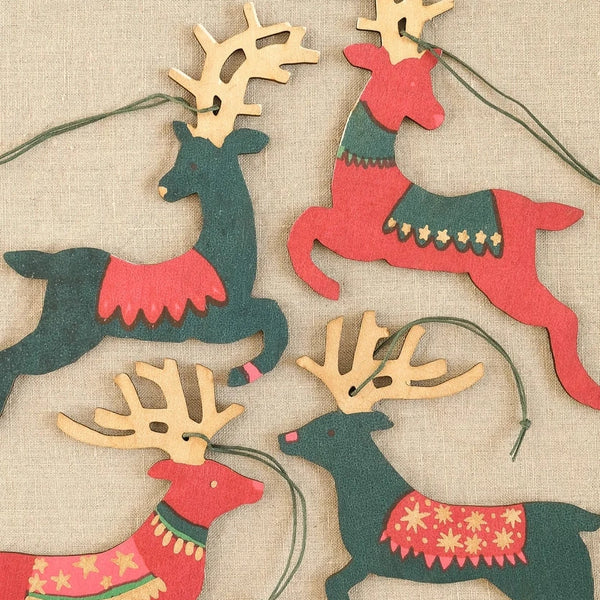 Hand Printed Wooden Reindeer Christmas Decoration Pack from East End Press for sale at Mostyn