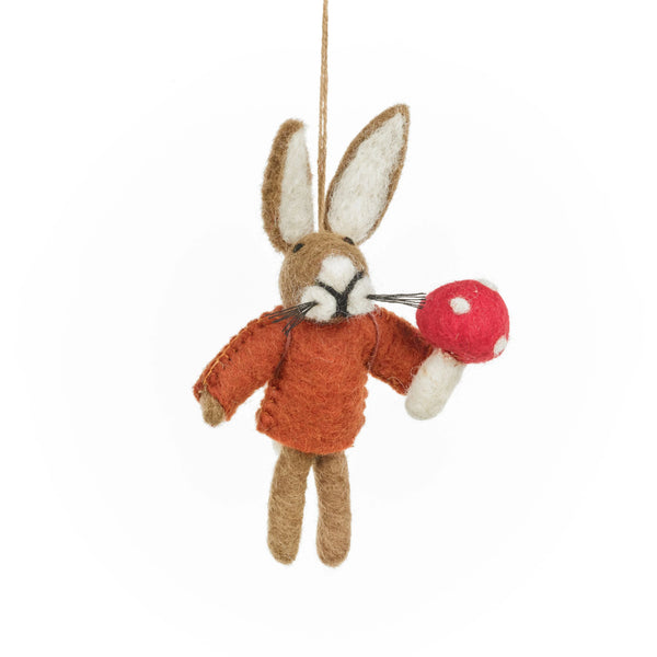 Handcrafted Autumnal Russell the Hare Toadstool Forager Felt Hanging Decoration from Felt so Good for sale at Mostyn