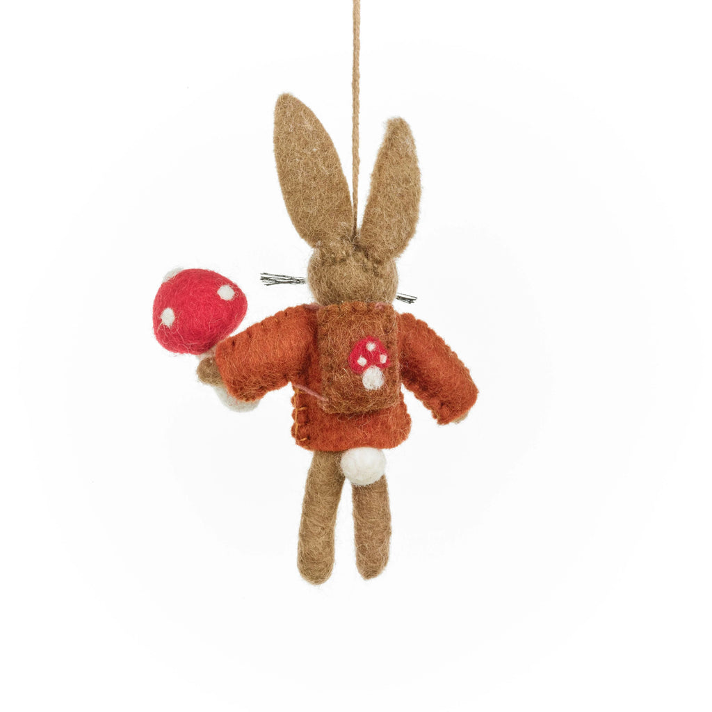 Handcrafted Autumnal Russell the Hare Toadstool Forager Felt Hanging Decoration from Felt so Good for sale at Mostyn