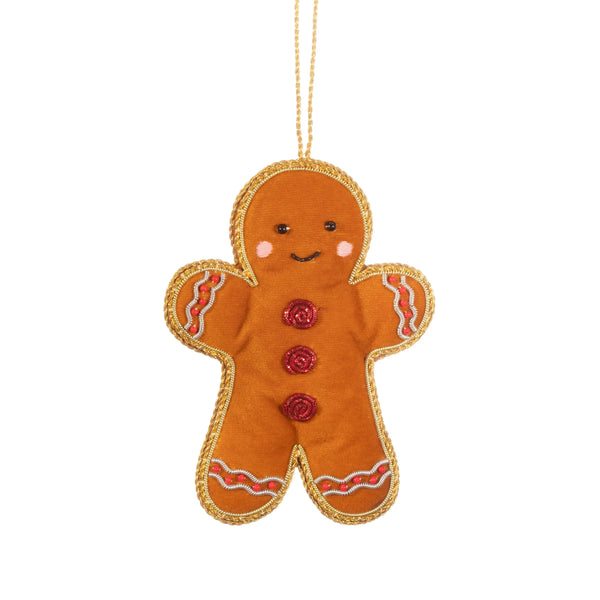 Handcrafted Embroidered Zari Gingerbread Christmas Decoration from Sass and Belle for sale at Mostyn