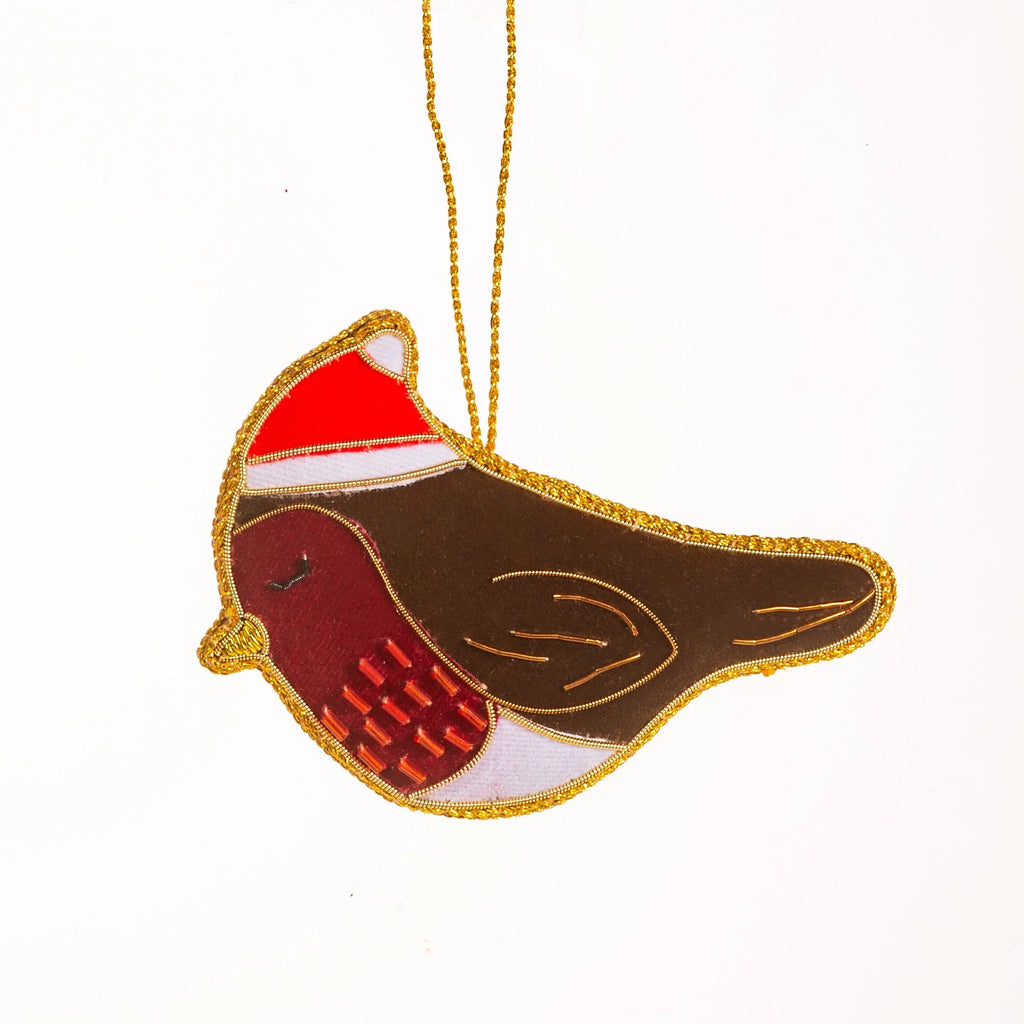 Handcrafted Embroidered Zari Robin Christmas Decoration from Sass and Belle for sale at Mostyn