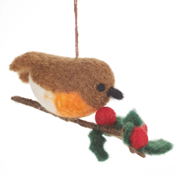 Handcrafted Felt Robin on a Holly Branch Christmas Decoration from Felt So Good for sale at Mostyn