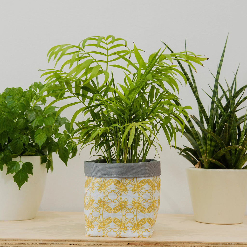 Handcrafted Bee Print Textile Plant Pot Holder from The Owlery for sale at Mostyn
