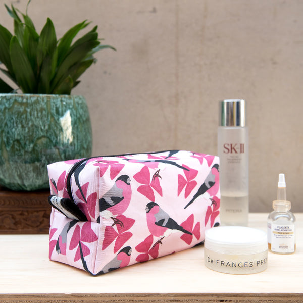 A Handcrafted Bullfinch Print Fabric Wash Bag from The Owlery for sale at Mostyn