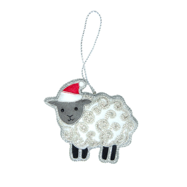 Handcrafted Embroidered Sheep Christmas Decoration by Sass and Belle for sale at Mostyn