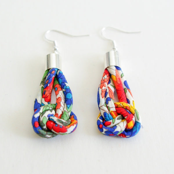 Handcrafted "Margaret Annie" Liberty Print Fabric Knot Drop Earrings from Bunny Bosworth for sale at Mostyn