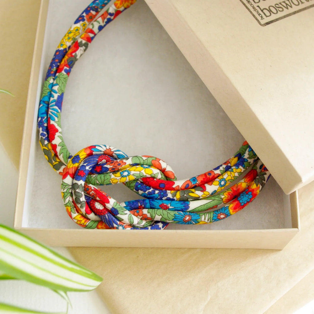 Handcrafted Margaret Annie Liberty Print Fabric Reef Knot Necklace from Bunny Bosworth for sale at Mostyn