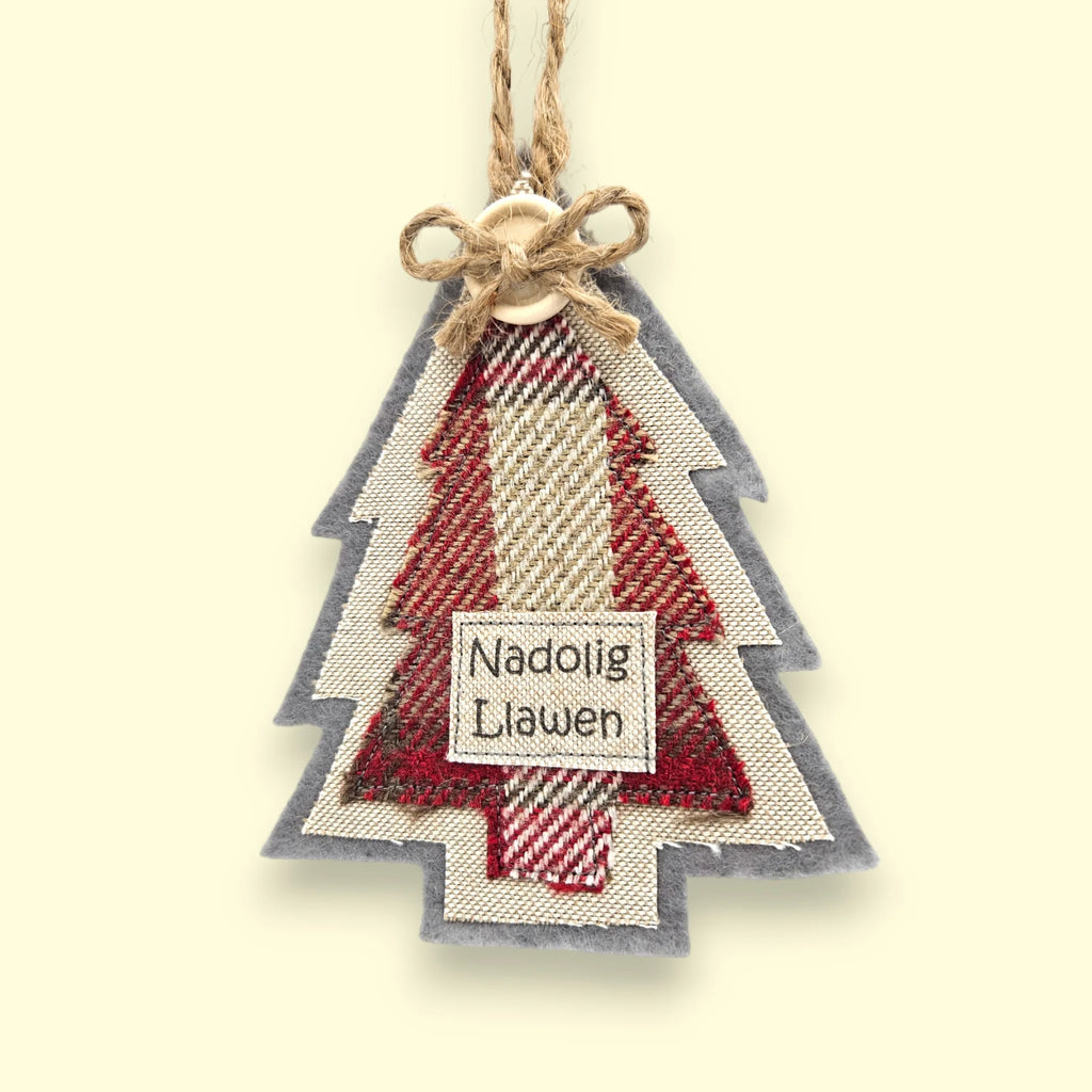 Handcrafted Nadolig Llawen Red Check Christmas Tree Decoration from Sweet Williams for sale at Mostyn