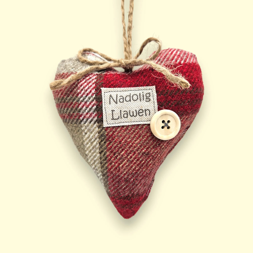 Handcrafted Nadolig Llawen Red Check Heart Shaped Christmas Decoration from Sweet Williams for sale at Mostyn