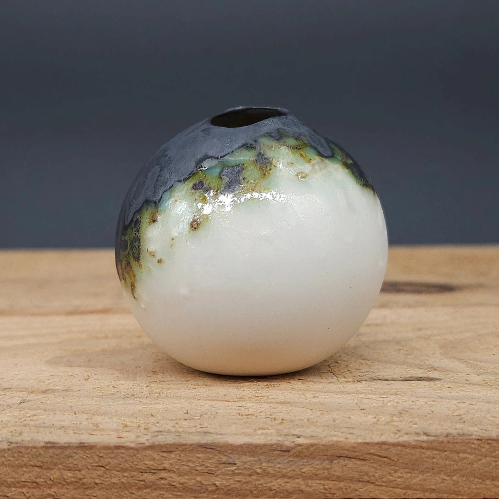 Handcrafted Round Black and White Slip Cast Porcelain Vessel from Debbie Nairn for sale at Mostyn