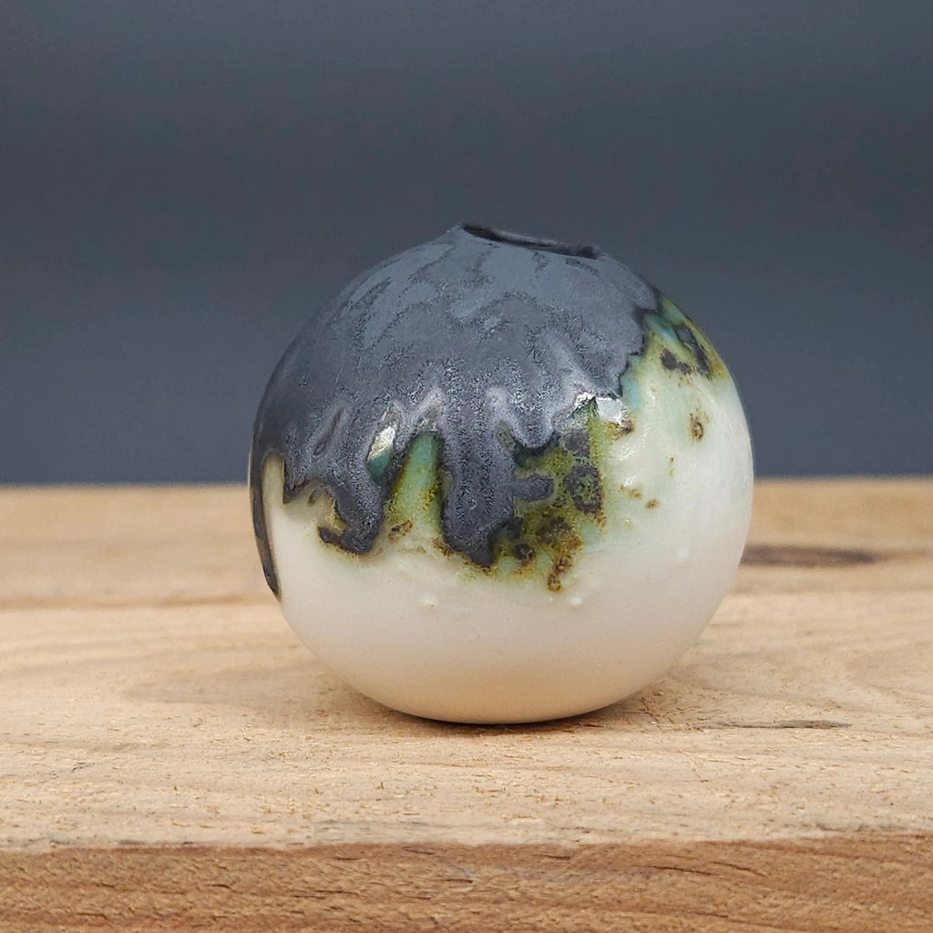 Handcrafted Round Black and White Slip Cast Porcelain Vessel from Debbie Nairn for sale at Mostyn