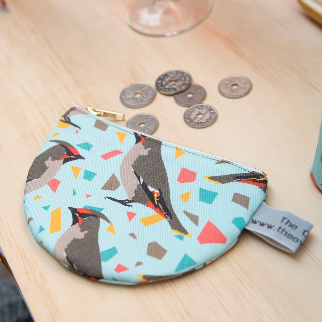 Handcrafted Waxwing Print Half Circle Zipped Fabric Purse from The Owlery for at Mostyn