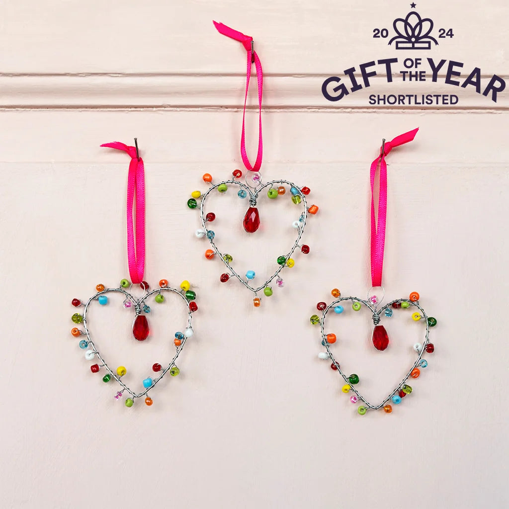 Handmade Beaded Multi Colour Mini Heart Hanging Decoration from Rex London for sale at Mostyn