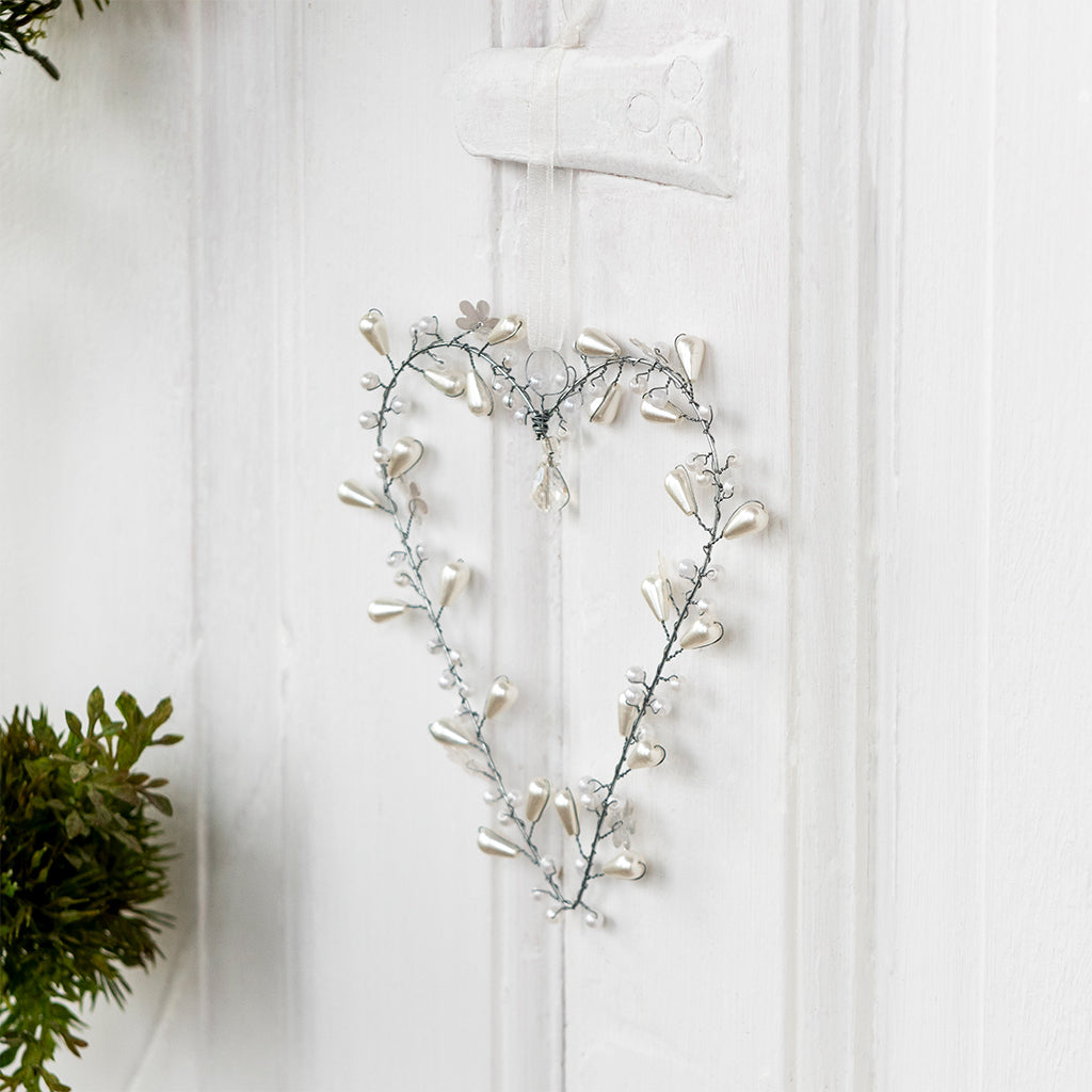 Handmade Beaded White Small Heart Hanging Decoration from Rex London for sale at Mostyn
