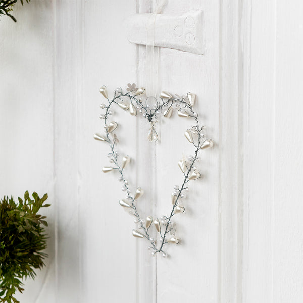 Handmade Beaded White Small Heart Hanging Decoration from Rex London for sale at Mostyn