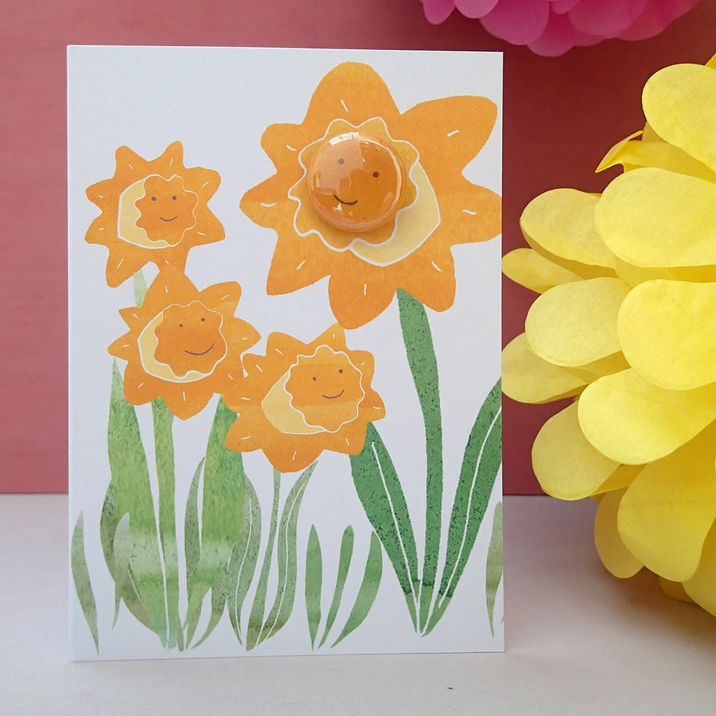 Happy Daffodils Greeting Card with Badge from The Black Rabbit for sale at Mostyn 3