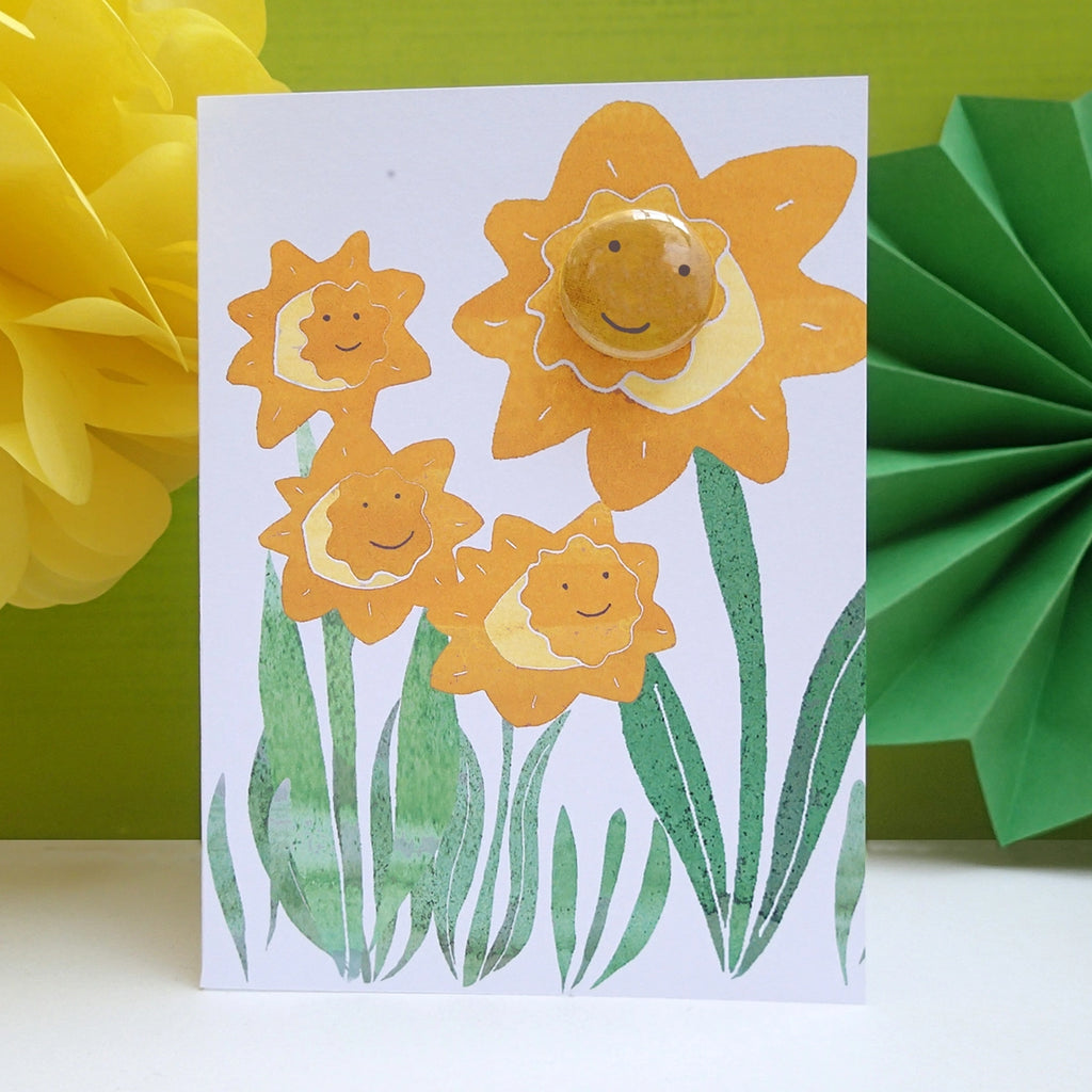 Happy Daffodils Greeting Card with Badge from The Black Rabbit for sale at Mostyn 4
