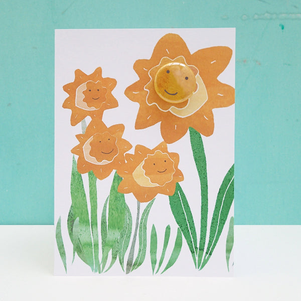 Happy Daffodils Greeting Card with Badge from The Black Rabbit for sale at Mostyn