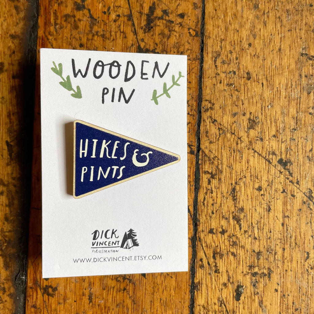 Hikes And Pints Wooden Pin Badge by Dick Vincent for sale at Mostyn