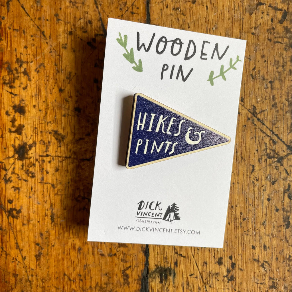 Hikes And Pints Wooden Pin Badge by Dick Vincent for sale at Mostyn