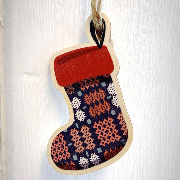 A Hosan Nadolig Laser-cut Wooden Stocking Christmas Decoration from Max Rocks for sale at Mostyn 