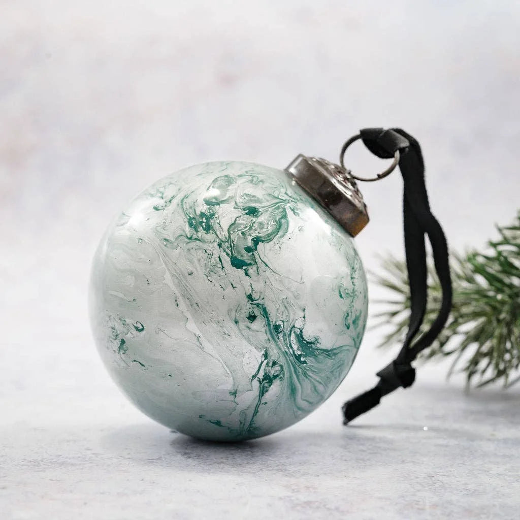 Jade Marble Christmas Hand Blown Glass Bauble from Bollywood Christmas for sale at Mostyn