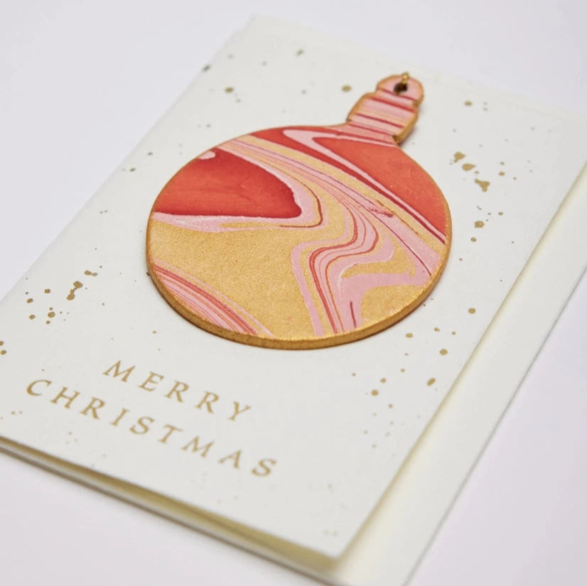 Joyful Red Bauble Hand Marbled Christmas Decoration Greeting Card from Paper Mirchi for sale at Mostyn