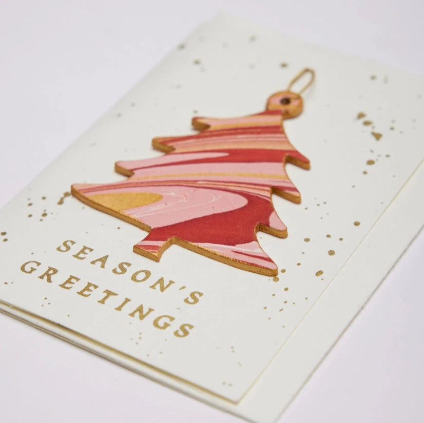 Joyful Red Christmas Tree Hand Marbled Christmas Decoration Greeting Card from Paper Mirchi for sale at Mostyn