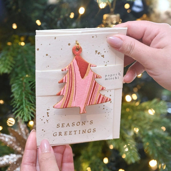 Joyful Red Christmas Tree Hand Marbled Christmas Decoration Greeting Card from Paper Mirchi for sale at Mostyn