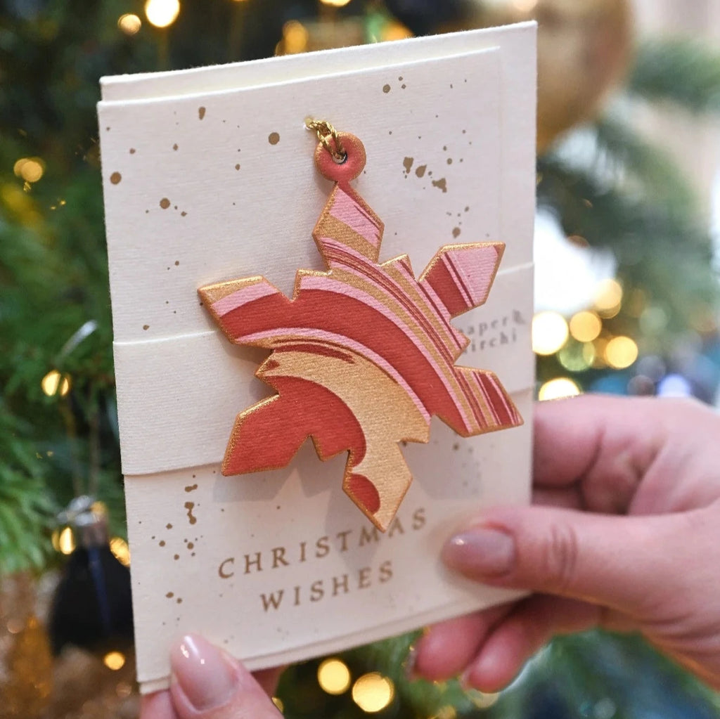 Joyful Red Snowflake Hand Marbled Christmas Decoration Greeting Card from Paper Mirchi for sale at Mostyn