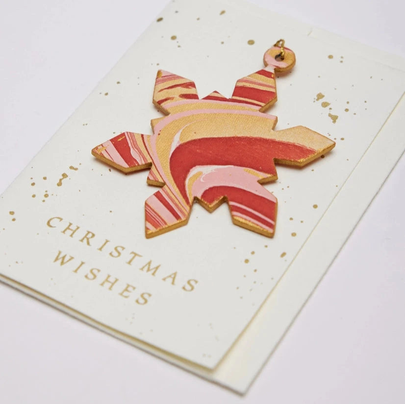 Joyful Red Snowflake Hand Marbled Christmas Decoration Greeting Card from Paper Mirchi for sale at Mostyn