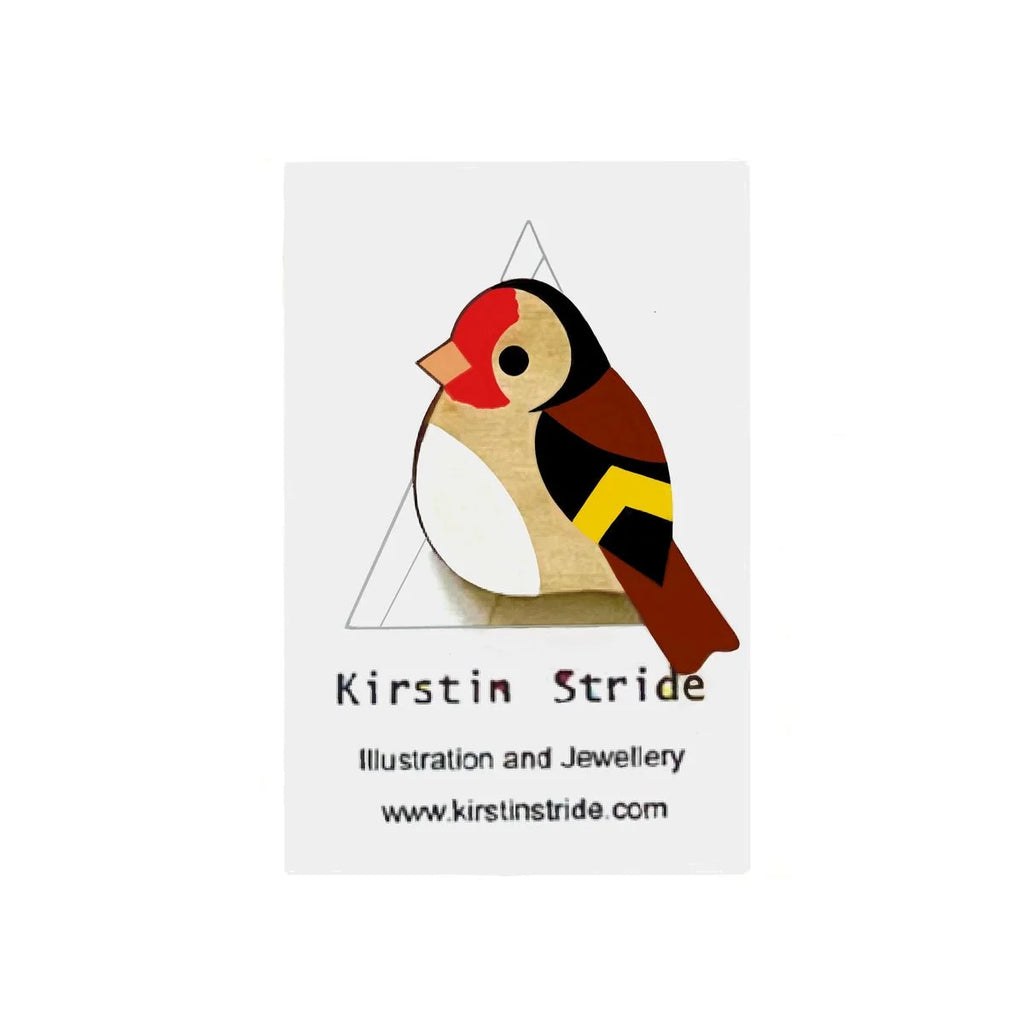 A Large Wooden Goldfinch Pin Brooch from Kirstin Stride for sale at Mostyn.