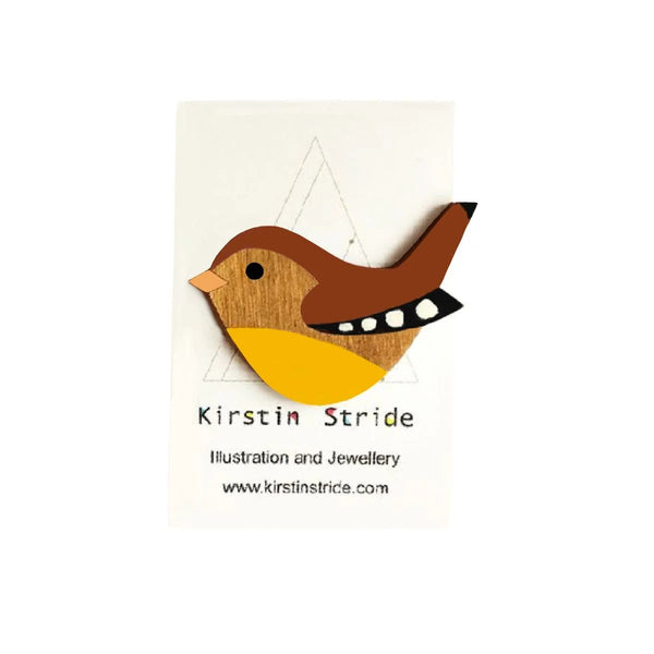 A Large Wooden Wren Pin Brooch from Kirstin Stride for sale at Mostyn.